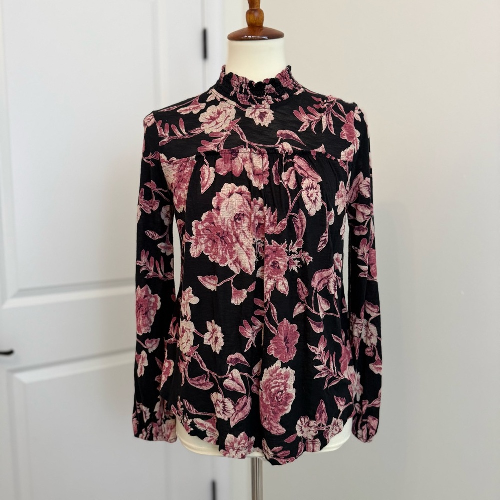 Lucky Brand High Neck Floral Long Sleeve Blouse Size XS Black‎ Pink Floral